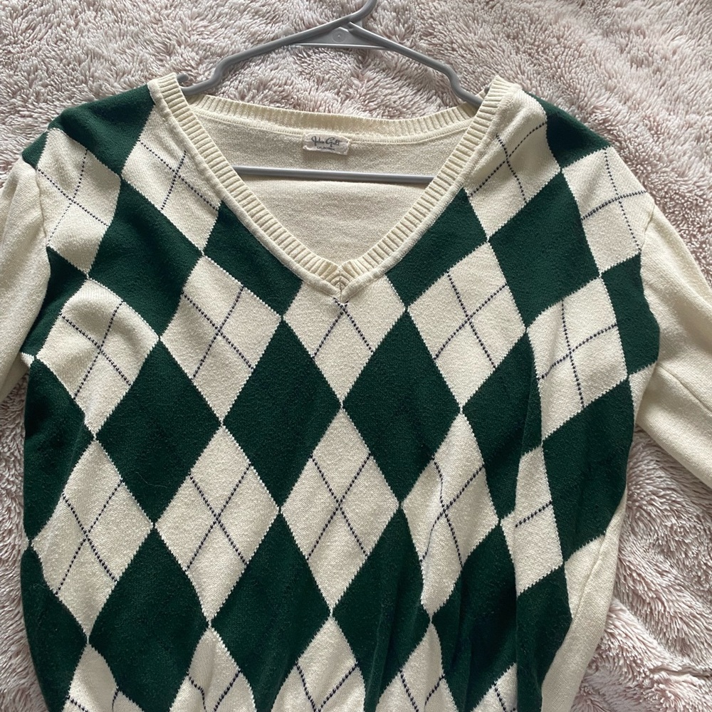 john galt - creme and green thin sweater - worn once - like new